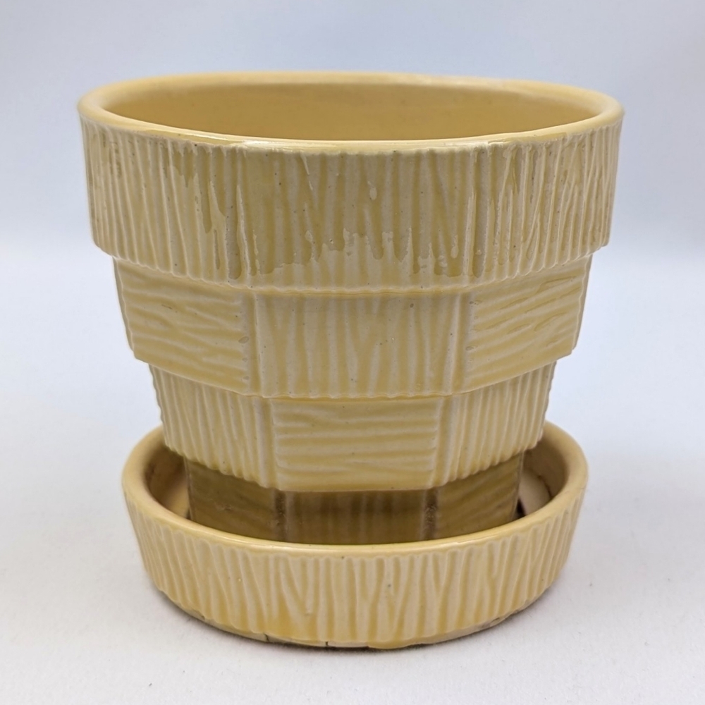 McCoy USA Basketweave Planter Pot MCM Vintage Retro Drainage Hole Saucer Yellow
